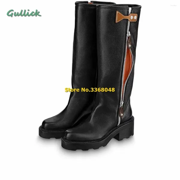 Botas de couro preto chunky salto médio zip decoração deslizamento em rund toe joelho alta chegada 2024 inverno mulheres bloco