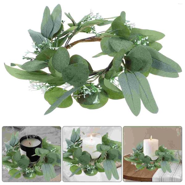 Flores decorativas 2 pçs simulado guirlanda anel eucalipto grinalda pequena mesa de pano de seda peças centrais para casamento mesa decoração anéis