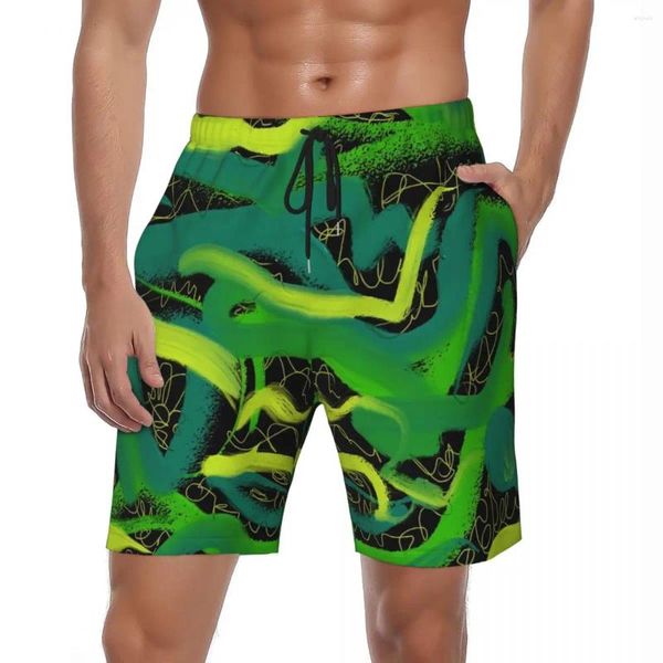 Мужские шорты, мужские повседневные пляжные шорты с зеленым неоновым принтом и абстрактным искусством, быстросохнущие шорты для бега, большие размеры
