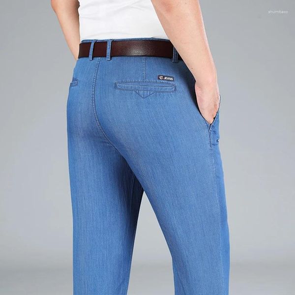 Calças de brim masculinas verão ultra-fino lyocell clássico de cintura alta negócios em linha reta drape sem ferro calças jeans marca calças masculinas