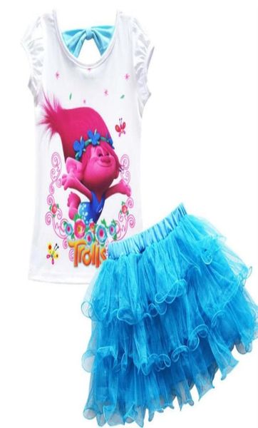 Roupas de verão trolls traje crianças conjuntos de roupas de treino para meninas topo camisetas saias 2 pçs y200325324e2763035