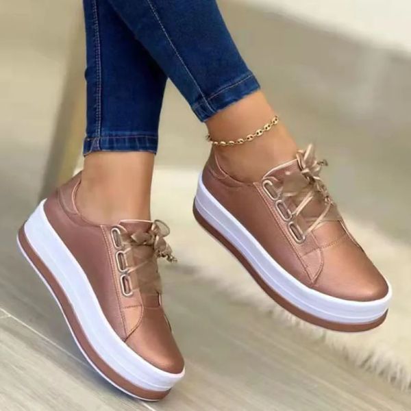 Stivali Rimocy Shiny PU in pelle Sneakers con fondo spessa Donna più dimensioni 43 scarpe a piattaforma a pizzo da donna Donne oro Silver Flats Zapatos de Mujer