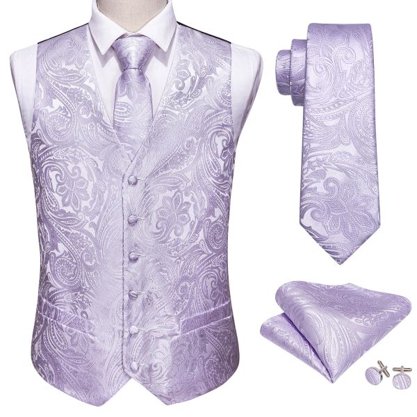 Yelek hafif mor erkekler düğün takım elbise paisley jacquard folral ipek yelek yelek mendil kravat vest takım seti barry. Tasarım