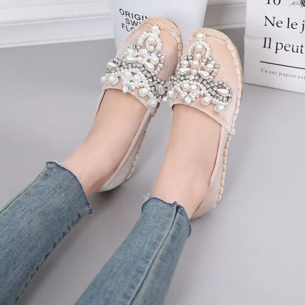 Stiefel Perle Perlen Espadrilles Schuhe Frau 42 43 große Strohflats mit Kristallblumenschleusen Frauen Fischer Creepers Moccasins 241