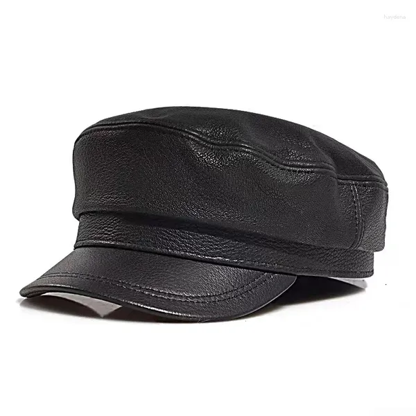 Berets Couro Genuíno Flat Top Chapéu Homens Na Moda Retro Simples Lazer Motocicleta Caps Masculino Lambskin Estudante Preto Gorras Para Hombres 62