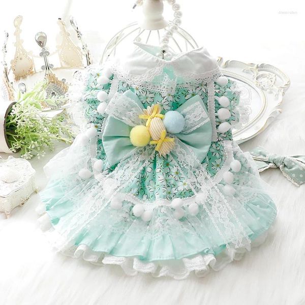 Cão vestuário verão fino pet cães roupas moda algodão esmeralda verde filhote de cachorro saias flor impressão bonito arco princesa vestido para pequeno médio