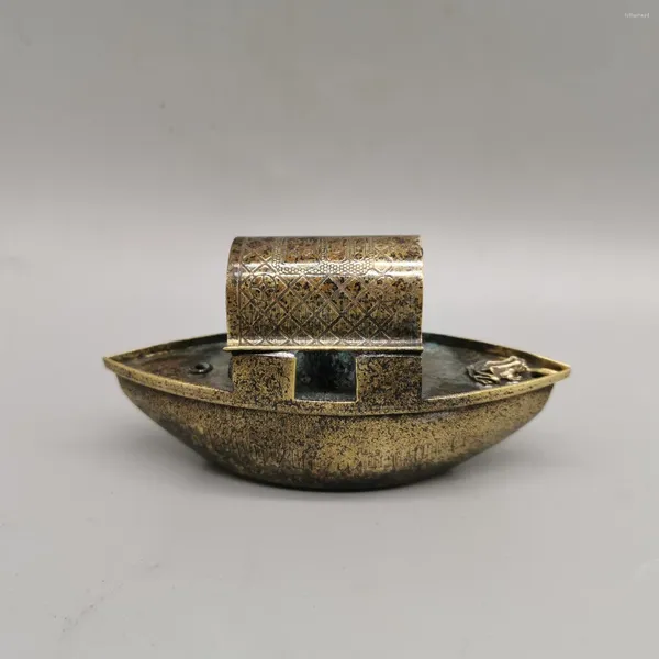 Estatuetas decorativas coleção de bronze chinês pequeno barco de cobre enfeites de mesa para casa