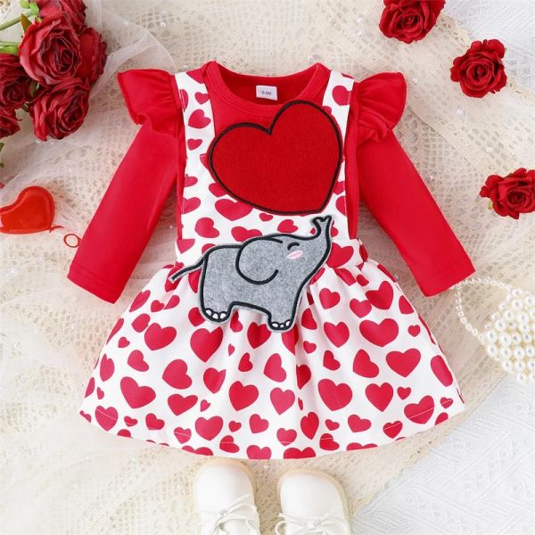 Vestidos mababy 018m dia dos namorados recém -nascido bebê roupas de menina conjuntos de roupas de elefante de elefante vermelho saias de estampa de coração de primavera