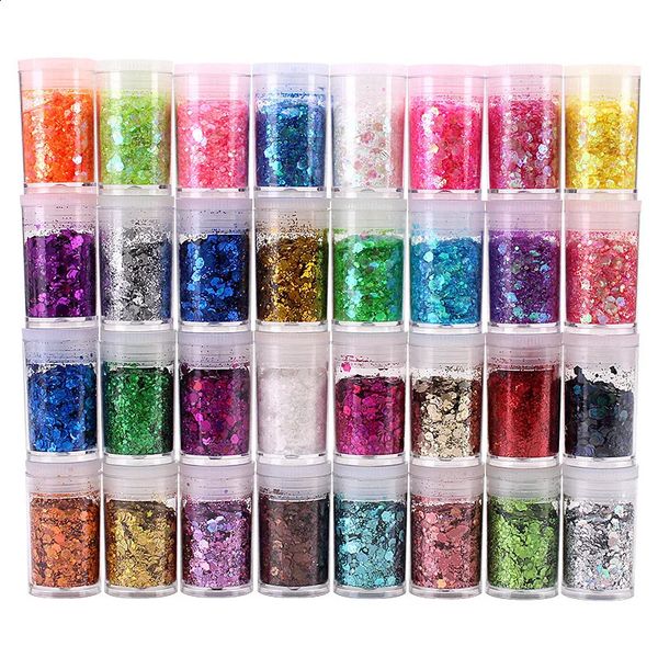 32 FlaschenSet Nagelglitzer-Pailletten DIY handgemachtes Nagelkunst-Make-up Tropfenkleber Kleidung dekorative Kunst Mischen von Glitzerpulver 240306