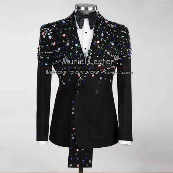 Herrenanzüge Mann Schwarz Hochzeit Bunte Edelstein Perlen Bräutigam Smoking Maßgeschneidert 2 Stück Prom Blazer Mode Kleid Kostüm Homme