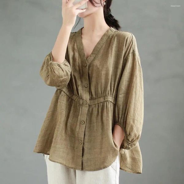 Женские блузки свободного кроя, дышащие топы, стильный пуловер с v-образным вырезом на весну и лето, однотонная рубашка с короткими рукавами и обтягивающей талией