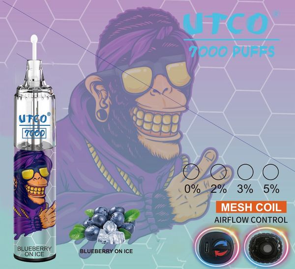 Оригинальный комплект электронных сигарет UTCO Tornado 7000 Puffs Одноразовая ручка Vape Электронные сигареты 14 мл Сетчатая катушка Pod 6 светящихся цветов Регулируемая по воздуху 0% 2% 3%5% рандом 7K PUFF 7000