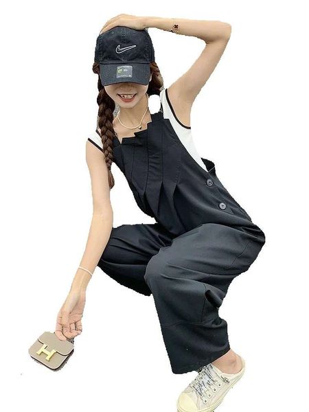 Damenhosen Schwarz Overalls Strap 2023 Sommer Frauen Elegante Lose Falten Gespleißt Lässige Koreanische Einteilige Breite Beinhose Strampler 7873 GG