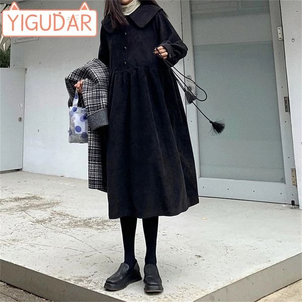 Outono e inverno vestido feminino grávida veludo solto edição coreana boneca pescoço vintage lanterna mangas comprimento médio 240309