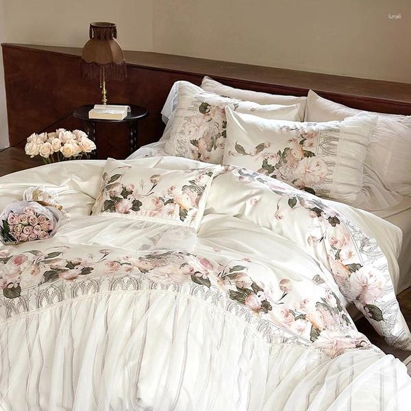 Set di biancheria da letto Romantico volant in pizzo Set con stampa di fiori di rosa Set copripiumino in cotone Lyocell naturale morbido e setoso Lenzuolo solo 2 federe