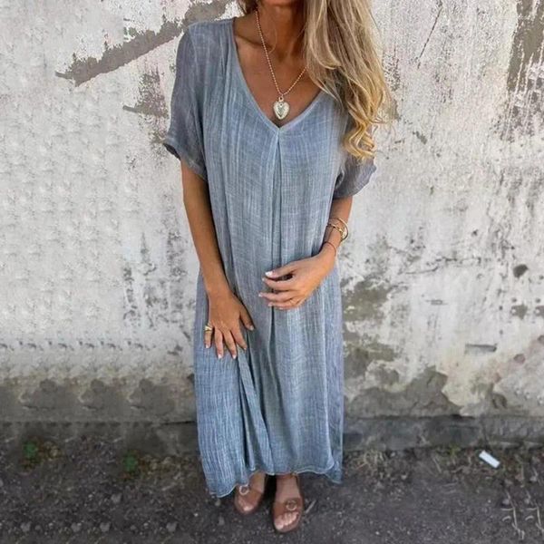 Lässige Kleider, Bohemian-Stil, langes Kleid, V-Ausschnitt, Sommer, mit kurzen Ärmeln, mittellang, weich, atmungsaktiv, einfarbig, für Damen