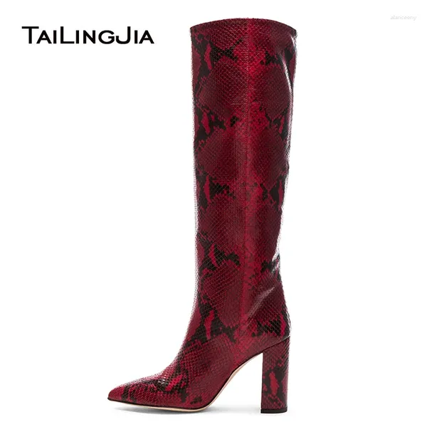 Botas Red Snake Imprimir PU Couro Joelho Alto Sexy Pointed Toe Block Heel Senhoras Tamanho Grande 2024 Chegada de Inverno Long Boot