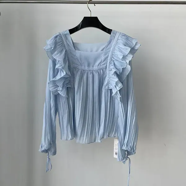 Blusas femininas elegantes azul claro babados plissados doce chiffon moda manga comprida gola quadrada camisa high end y2k roupas 24