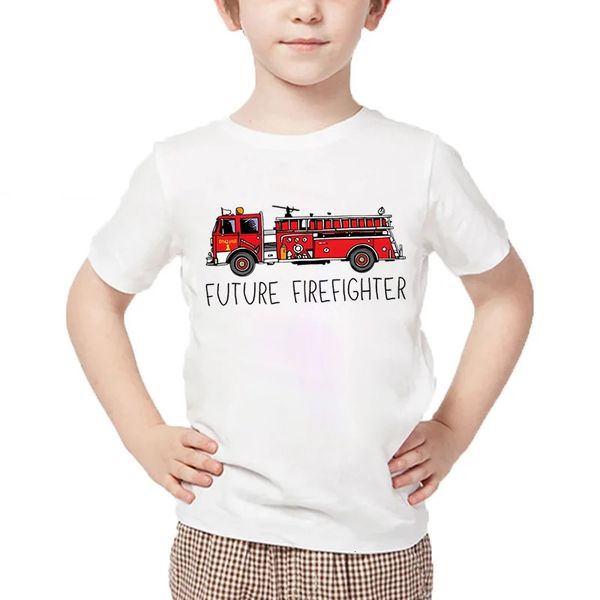 Estate Bambini Futuro Pompiere Stampato Maglietta Stile Cartoon Casual Ragazzi Tops Camicia Fire Engine Design Ragazza Bambini Auto Magliette 240307