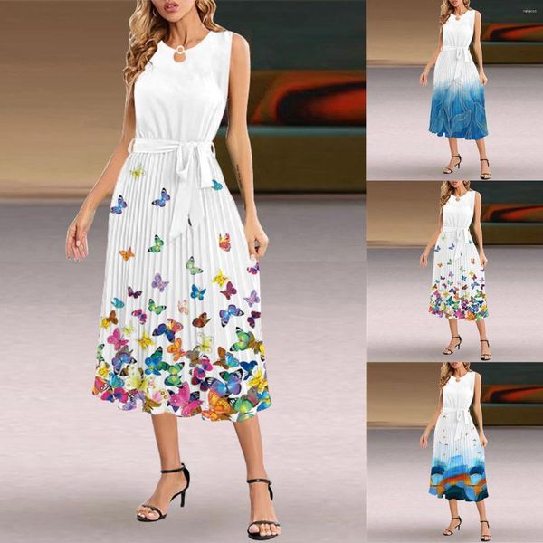 Vestidos casuais para meninas adolescentes impressão boho envoltório o pescoço sem mangas vestido de verão mulheres 2024 feminino flowy plissado uma linha longa