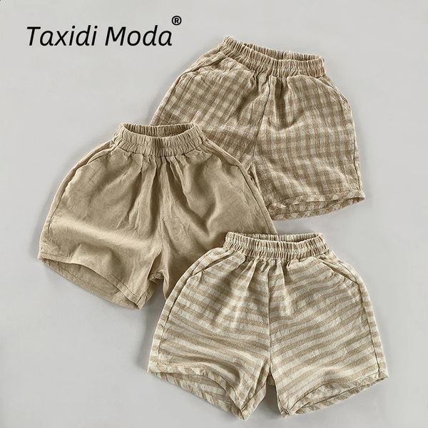 Algodão linho fino xadrez verão crianças shorts calças casuais menino meninas calças curtas criança usar roupas para 1-8y 240305