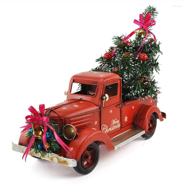 Estatuetas decorativas vermelho vintage clássico caminhão metal veículo carro antigo para casa em miniatura festa de natal decoração de mesa presente de ano