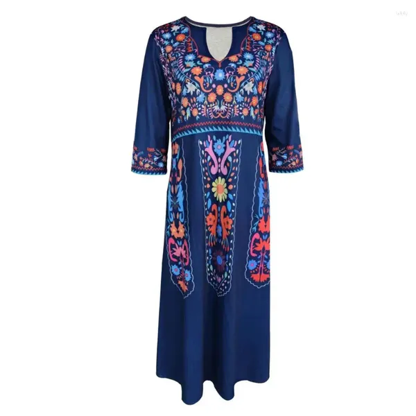 Freizeitkleider Damen Bedrucktes Kleid mit V-Ausschnitt Entspannte Passform Polyester Bohemian A-Linie Midi mit Retro-Ethno-Print V-Ausschnitt für Damen