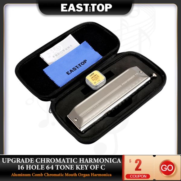 Instrumente EASTTOP EMP16 Upgrade Chromatische Mundharmonika, 16 Löcher, 64 Töne, Tonart C, Aluminiumkamm, chromatische Mundharmonika