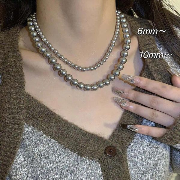 Collane con ciondolo 2024 Collana girocollo con perle grigie vintage per le donne Moda regalo di gioielli da sposa con perline lunghe a catena multistrato