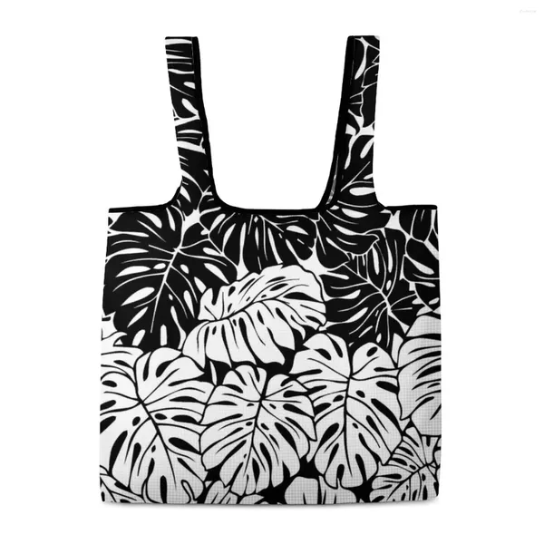 Sacos de compras leves dobrável pintado preto e branco folha simples bolsa reutilizável mercearia totebag supermercado mochila saco
