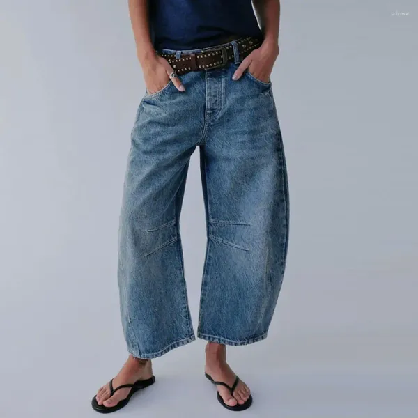 Pantaloni jeans dritti da donna in denim a vita media elegante gamba larga in colore sfumato con tasche retrò hip hop per donna