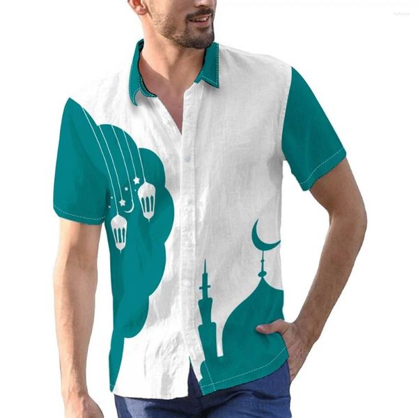 Camisas casuais masculinas mesquitas muçulmanas islâmicas impressão digital manga curta botão para baixo camisa verão resort férias férias roupas masculinas