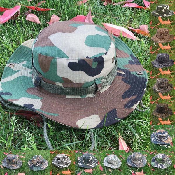 Chapéus de borda larga camuflagem chapéu redondo pano xadrez para homens e balde de sol senhoras funcionais roupas de pesca verão