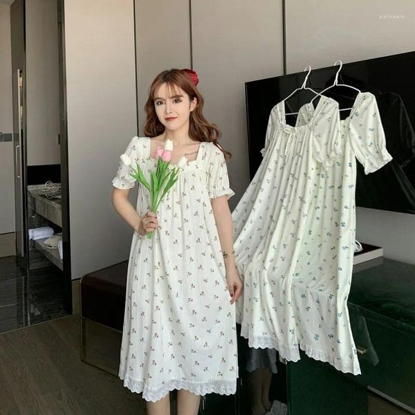 Mulheres sleepwear princesa estilo nightdress para mulheres verão kawaii noite vestido doce longo vestido de dormir bezerro nightwear renda saia floral