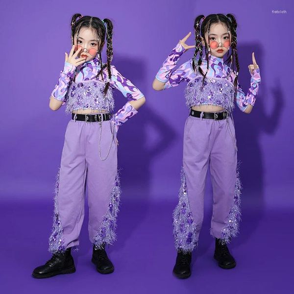 Bühnenkleidung Jazz Dance Performance Kostüme für Mädchen Lila Tops Lose Hosenanzug Streetwear Ballsaal Hip Hop Kleidung DQS12607