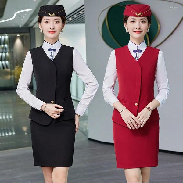 Calças femininas de duas peças moda colete uniformes de trabalho saia profissional terno china Southern Airlines companhia aérea aeromoça vôo ferroviário de alta velocidade