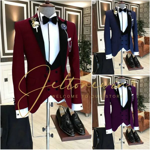 Abiti abiti da borgundo in velluto nero fatto su misura per uomini smoking da uomo da sposa da uomo 3 pezzi giacca maschile Terno Masculino+Pant+Vest