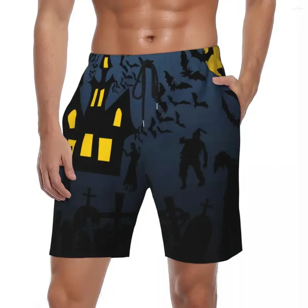 Shorts masculinos traje de banho halloween morcegos placa verão casa assombrada y2k engraçado praia design masculino correndo troncos de natação de secagem rápida