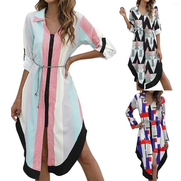 Vestidos casuais feminino verão padrão impressão botton manga longa solta swing linho midi vestido de pescoço alto simples para mulher