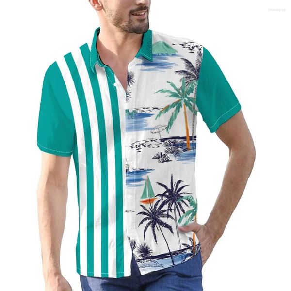 Мужские повседневные рубашки с пейзажной росписью тушью и полоской с цифровым принтом с коротким рукавом на пуговицах, летняя рубашка, мужская одежда для курортного отдыха и отдыха