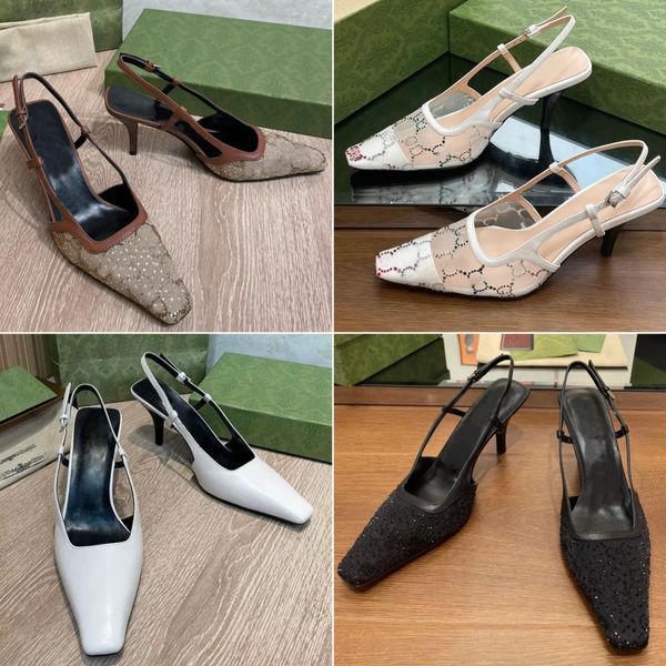 Designer-Schuhe mit Absätzen, Damen-Sandalen, Bankett-Absätze, Spitzen-Anziehschuhe, flach geschnittene Schuhe, Sandalen mit mittlerem Absatz, schwarzes Mesh mit glitzerndem Aufdruck, Luxus-Leder-Knöchel-Slides