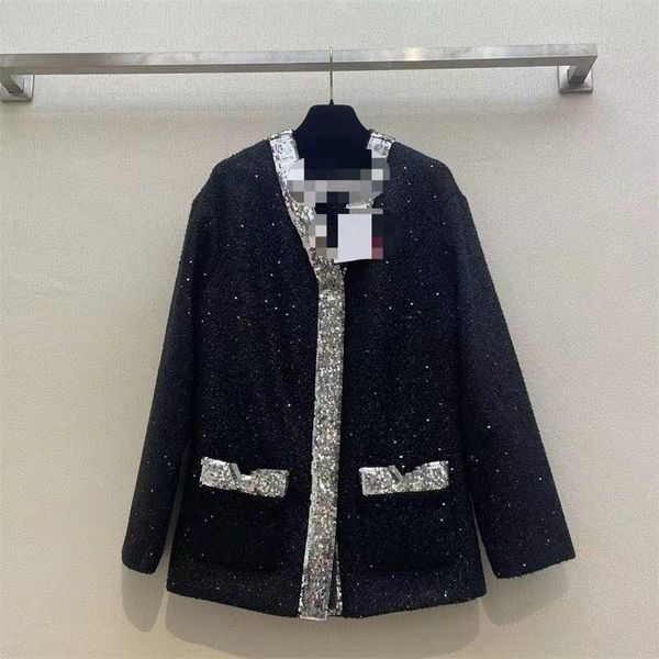 Vinatge 2024 Nero Scollo A V Paillettes Cappotto da Donna Maniche Lunghe Bottoni Cardigan da Donna Designer di Fascia Alta Cappotti da Donna 31718