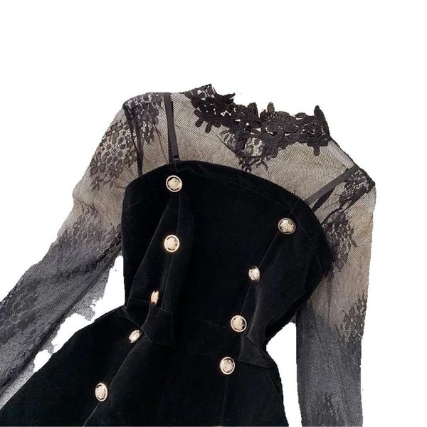 Arbeitskleider Weihnachten Promi-Abendparty Schwarzes Spitzenkleid für Frauen Trompete Langes Vintage-Zweireiher-Patchwork 2023 GG