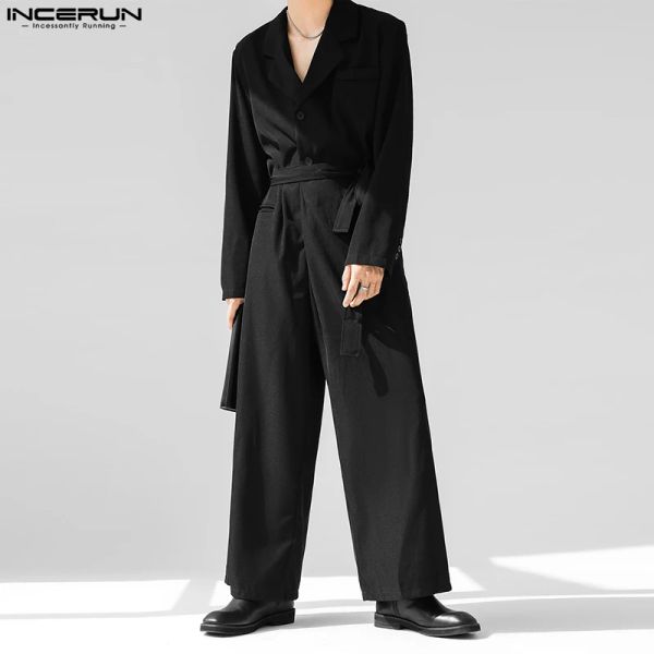 Macacão moda masculino pular macacões de lapela sólida manga longa racha coreana de estilo coreano solto 2023 homens casuais macacão s5xl