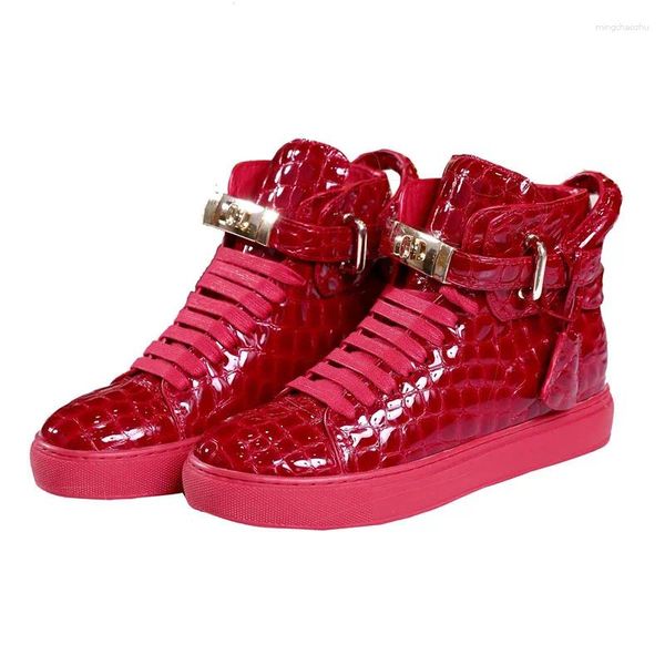 Scarpe casual da donna Sneakers alte in coccodrillo goffrato con chiusura in pizzo rosso con plateau in vera pelle donna