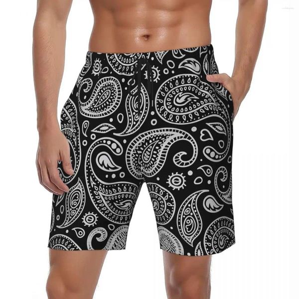 Homens Shorts Swimwear Floral Paisley Black Board Verão Tradicional Elegante Praia Homens Personalizado Sportswear Rápido Seco Troncos