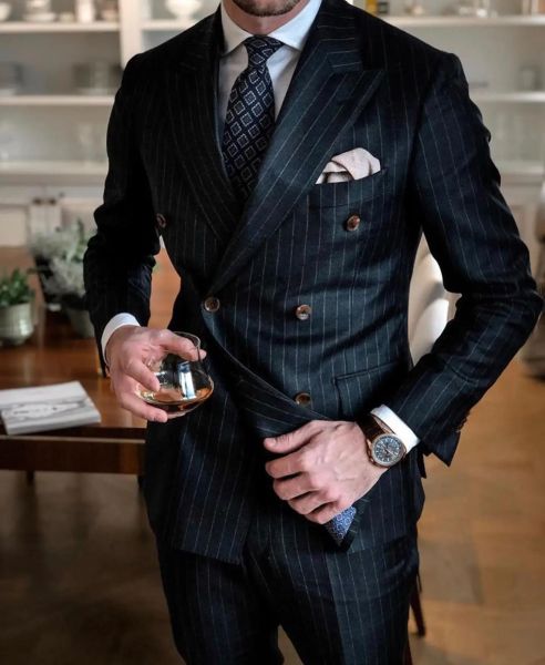 Suits 2023 En son ceket pantolon tasarımları siyah çizgili erkekler takım elbise çift göğüslü blazer ince fit 2pesial smokin smokin damat giymek Terno maskulino