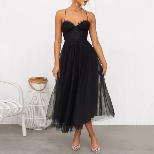 Freizeitkleider Damen Sexy Spaghettiträger Ärmellos Solides Mesh Cocktailparty Langes Kleid Elegant Schöner Durchsichtiger Abend