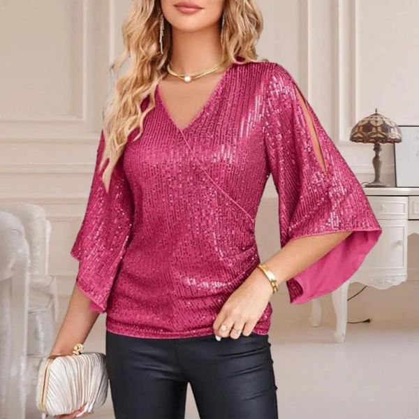 Blusas femininas Mulheres Glitter Camisa Elegante Lantejoulas Oco Out V Neck Blusa para Elegante Manga de Três Quartos Pulôver com Senhoras