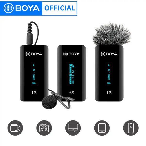 Microfones Boya Byxm6 S2 Lavalier sem fio 2.4 GHz Microfone de condensador portátil Conjunto para iPhone Mobile DSLR Câmera de streaming de streaming de streaming